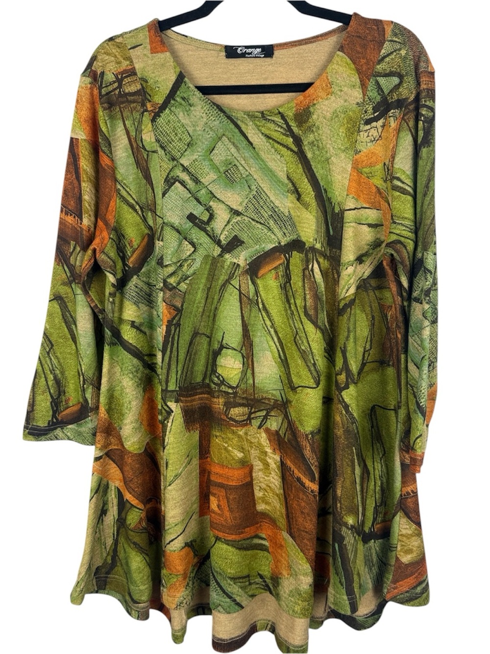 Orange Fashion Village Abstract Art Knit Tunic Top Dress L/XL Green Earthy